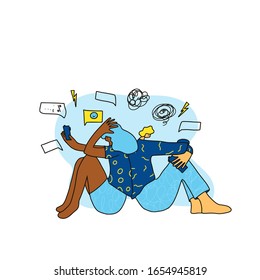 Bad relationship. Young married couple sending a messages to each other. Two friend sitting turned their backs to each other on the floor with bad mood because they had a fight. Vector illustration.
