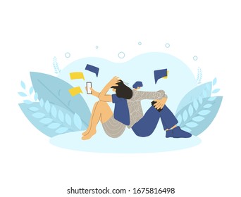 Bad relationship. Young married couple sending a messages to each other. Two friend sitting turned their backs to each other on the floor with bad mood because they had a fight. Vector illustration.