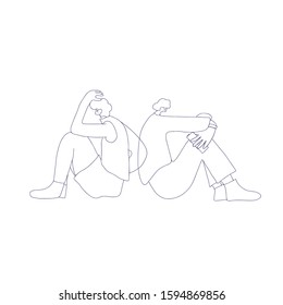 Bad relationship. Young men are at variance. Two friends sitting turned their backs to each other on the floor with bad mood because they had a fight. Family quarrel concept. Vector illustration.