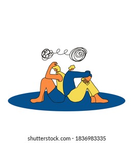 Bad relationship. Young men are at variance. Two friend sitting turned their backs to each other on the floor with bad mood because they had a fight. Family quarrel concept. Vector illustration.