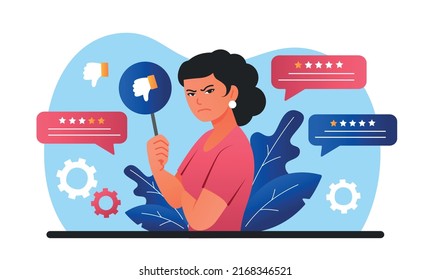 Bad review concept. Angry girl points down with share, unsatisfied client poorly appreciated product or service. Promotion on Internet, feedback and user opinion. Cartoon flat vector illustration