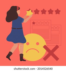 Diseño de concepto de revisión erróneo. Comentarios negativos de los usuarios en línea. 
Clasificación de la experiencia del cliente. No me gusta, queja, mala tasa. Comentario web. Testimonio enojado de un cliente. Resultados de la encuesta social. Ilustración vectorial. 