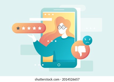 Diseño de concepto de revisión erróneo. Comentarios negativos de los usuarios en línea. 
Clasificación de la experiencia del cliente. No me gusta, queja, mala tasa. Comentario web. Testimonio enojado de un cliente. Resultados de la encuesta social. Ilustración vectorial. 