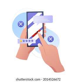 Diseño de concepto de revisión erróneo. Comentarios negativos de los usuarios en línea. 
Clasificación de la experiencia del cliente. No me gusta, queja, mala tasa. Comentario web. Testimonio enojado de un cliente. Resultados de la encuesta social. Ilustración vectorial. 