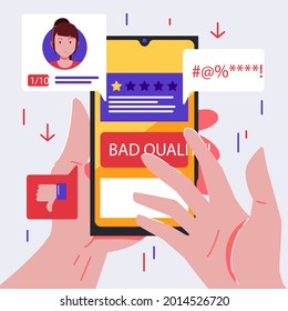 Design für schlechte Überprüfung. Negatives Online-Feedback der Benutzer. 
Ranking der Kundenerfahrung. Anders, Beschwerde, schlechte Rate. Webkommentar. Wütende Kundenaussagen. Ergebnis der Sozialerhebung. Vektorgrafik. 