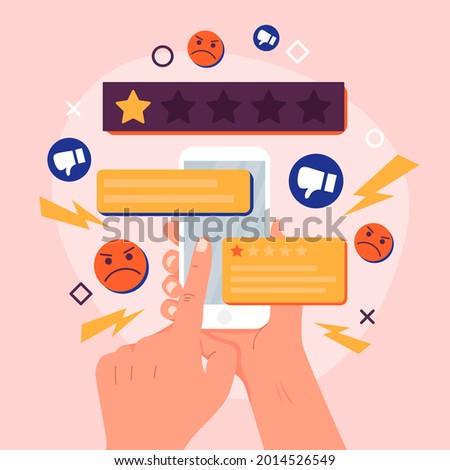 Bad review concept design. Online negative user feedback. 
Customer experience ranking. Dislike, complaint, bad rate. Web comment. Angry client testimonial. Social survey result. Vector illustration. 