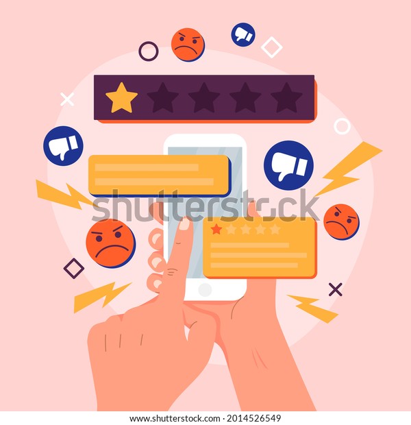 Bad review concept design. Online negative\
user feedback. \
Customer experience ranking. Dislike, complaint,\
bad rate. Web comment. Angry client testimonial. Social survey\
result. Vector illustration.\
