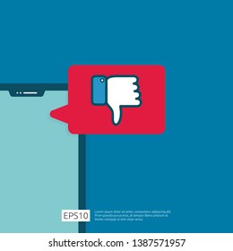 bad review concept. dislike bubble message symbol on phone screen media. hand thumbs down button logo icon. Social network flat design style banner concept vector illustration