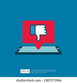 bad review concept. dislike bubble message symbol on phone screen media. hand thumbs down button logo icon. Social network flat design style banner concept vector illustration