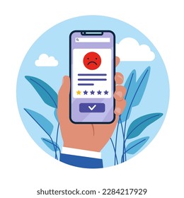Schlechte Überprüfung mit Telefon, negative Bewertungen, schlechter Ruf, niedrige Bewertungen. Flache Vektorgrafik