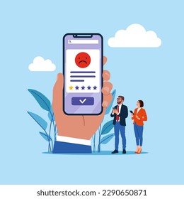 Bad review with phone, negative reviews, bad reputation, low ratings. Modern vector illustration in flat style
