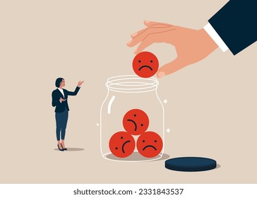 Bad review with phone, negative reviews, bad reputation. Woman collect negative emoticons into Glass Jar. Vector illustration