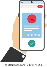 Bad review with phone, negative reviews, bad reputation, low ratings. Flat vector illustration

