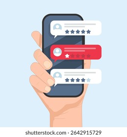 Bad Review. Rating review bubble. Reviewers texting on cellphone app. Stock Illustration