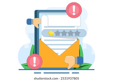 Conceito de email de revisão e classificação inválidas. Satisfação do cliente, comprador, cliente. O cliente está insatisfeito e recebe uma classificação de 1 estrela. Dar uma estrela por causa da insatisfação e desapontamento. Reclamação.