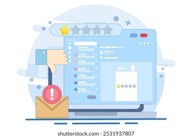 Conceito de email de revisão e classificação inválidas. Satisfação do cliente, comprador, cliente. O cliente está insatisfeito e recebe uma classificação de 1 estrela. Dar uma estrela por causa da insatisfação e desapontamento. Reclamação.