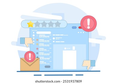 Conceito de email de revisão e classificação inválidas. Satisfação do cliente, comprador, cliente. O cliente está insatisfeito e recebe uma classificação de 1 estrela. Dar uma estrela por causa da insatisfação e desapontamento. Reclamação.