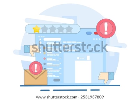 Bad review and rating email concept. Customer satisfaction, buyer, client. Customer is dissatisfied and gives 1 star rating. Giving one star because of dissatisfaction and disappointment. Complaint.
