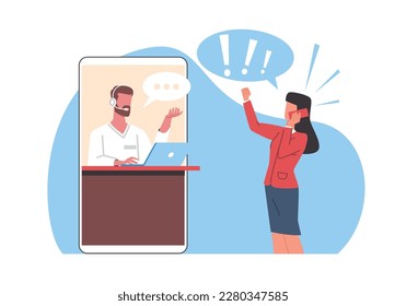 Bad review, woman makes bad customer service review. Angry girl shouting in smartphone. Negative feedback. Dissatisfaction of product cartoon flat illustration. Vector complaint concept