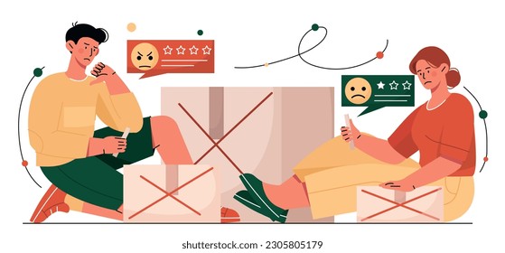 Bad reviews concept. Man and woman unhappy with product, upset customers and users write negative reviews, feedback. Clients unsatisfied with service or goods quality. Cartoon flat vector illustration