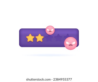 Bad reviews and ratings. survey or feedback. client, buyer, or customer is not satisfied and gives a 2-star rating. Illustration of a board with 2 stars and angry emoticons. Minimalist 3D concept 