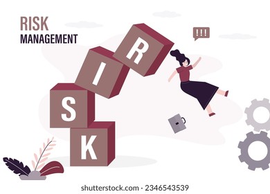 Bad risk management, concept. Businesswoman falling from unbalanced pyramid of blocks with text - RISK. Falling stock market. Investor loser. Financial management, balance of income and risks. vector