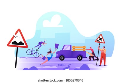 Bad Road Concept. City Dwellers Get in Troubles on Broken Highway. Woman Stumble Falling Down on Asphalt, Man Fall Down from Bicycle, Male Characters Push Stuck Car. Cartoon People Vector Illustration