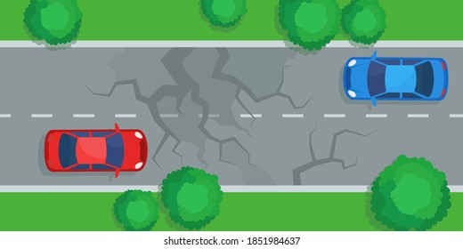 Bad road, cracks, pits and potholes on asphalt, top view. Bad quality of road surface. Very danger road for transport. Vector illustration flat design.