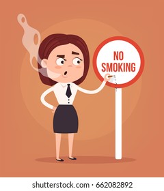 Bad rude woman office worker character smoking near sign no smoke. Vector flat cartoon illustration