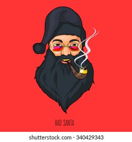 Bad Santa Black Beard Gold tooth. Vector illustration