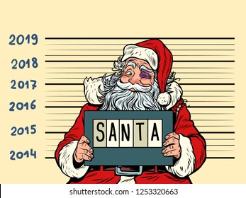 Bad Santa Claus. Arrested 2019 happy new year. Comic cartoon pop art retro vector illustration drawing