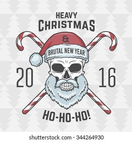 Bad Santa Claus Biker With Candies Print Design. Heavy Metal Christmas Portrait. Rock And Roll 2016 New Year T-shirt Illustration.