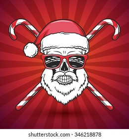 Bad Santa Claus biker with candy print design. Heavy metal Christmas portrait. Rock and roll new year t-shirt illustration.