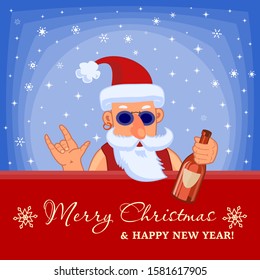 Bad Santa Claus with bottle of booze. Rock-N-Roll. Merry Christmas and Happy New Year Holiday greeting card