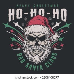 Bad Santa Claus colorful vintage flyer a skull with beard in grandfather frost hat threateningly screams heavy Christmas vector illustration