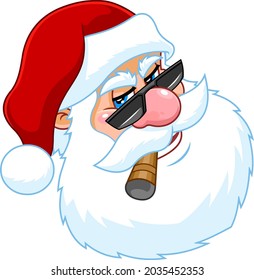 Bad Santa Claus Face Portrait Cartoon Character With Sunglasses Smoking Cigar. Vector Hand Drawn Illustration Isolated On Transparent Background