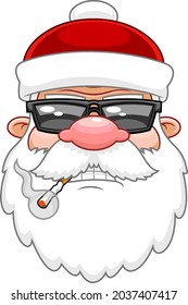 Bad Santa Claus Face Portrait Cartoon Character With Sunglasses Smoking Cigarette. Vector Hand Drawn Illustration Isolated On Transparent Background