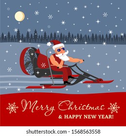 Bad Santa Claus on a snowmobile rides with gifts on a snowy road. Merry Christmas and Happy New Year Holiday greeting card