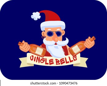 Bad Santa Claus with two bottles of booze and ribbon Jingle Bells