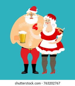 Bad Santa and Mrs. Claus isolated. drunk Christmas family. Woman in red dress and white apron. Cheerful elderly. New Year menage. Mug Beer and cigarette