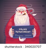 Bad Santa in police department. Christmas greeting card background poster. Vector illustration. Merry christmas and Happy new year.