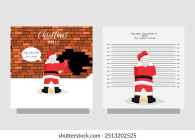 Bad Santa police mugshot peeing. Bad drunk Santa peeing on the wall. Front and back card invitation party