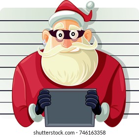 Bad Santa Police Mugshot  Vector Cartoon - Arrested Masked Santa Man Going To Jail
