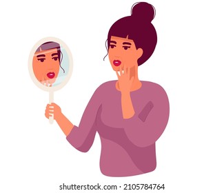 bad skin face of girl. troubled by bad condition. Beautiful Woman with Wrinkles on Face. Treatment of wrinkles. Face without Skin Problems. Clean Face Smile. flat cartoon style. Vector.