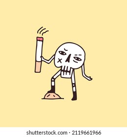 Bad skull character with cigarette, illustration for t-shirt, sticker, or apparel merchandise. With retro cartoon style.