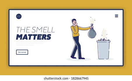 Bad small landing page concept with cartoon man throwing bag of stinky waste in trash bin covering nose from bad smell. Template linear vector illustration