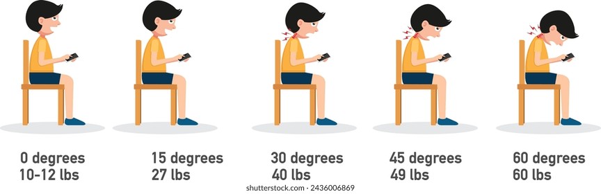 The bad smartphone postures,the angle of bending head related to the pressure on the spine.vector illustration.