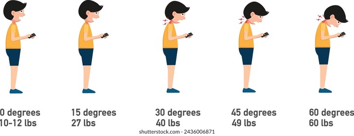 Las malas posturas del teléfono inteligente, el ángulo de la cabeza de flexión relacionado con la presión en la columna vertebral. ilustración vectorial.