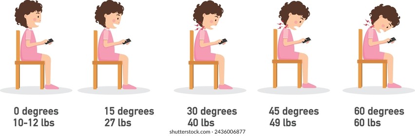 The bad smartphone postures,the angle of bending head related to the pressure on the spine.vector illustration.