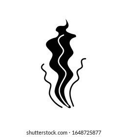 Bad smell black glyph icon. Stinky scent. Fragrance curves. Dirty air odor, emission. Smoke stream, fume swirls, evaporation malodor. Silhouette symbol on white space. Vector isolated illustration